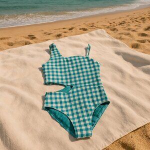 wonder nation Girls One Piece Swimsuit Checkered Gingham Teal White L 10-12 New